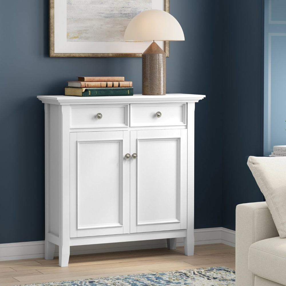 English Elm Amherst White Pine Entryway Cabinet with Crown Molding Two Drawers and Storage Doors B136P436048