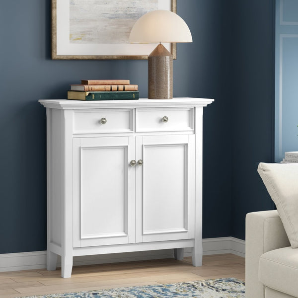English Elm Amherst White Pine Entryway Cabinet with Crown Molding Two Drawers and Storage Doors B136P436048