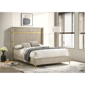 English Elm Malcolm Velvet Wingback Eastern King Bed with Gold Trim Sculptural Headboard Beige B062S01588
