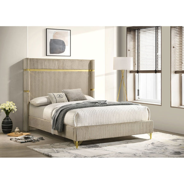 English Elm Malcolm Velvet Wingback Eastern King Bed with Gold Trim Sculptural Headboard Beige B062S01588