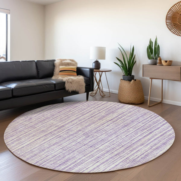 HomeRoots 5' Striped Lavender and Ivory Indoor Outdoor Area Rug – Stylish, Washable, and Versatile for All Spaces 8' Round 585504
