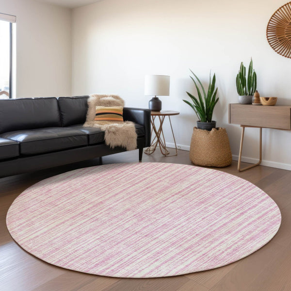 HomeRoots 5' Pink and Ivory Striped Area Rug – Durable, Machine-Washable Indoor/Outdoor Decor for Any Space 8' Round 585516
