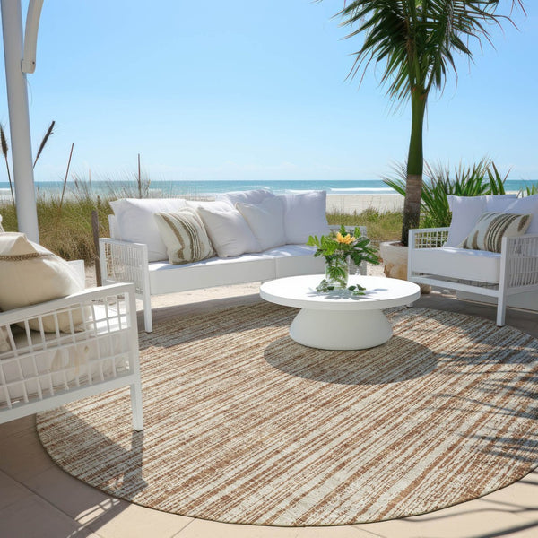 HomeRoots 5' Bright Orange and Beige Striped Indoor-Outdoor Area Rug – Durable, Washable, and Stylish! 8' Round 585522