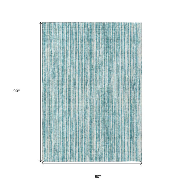 HomeRoots 5' Stylish Teal Blue and Ivory Striped Washable Rug for Indoor and Outdoor Spaces, Durable Design 5' X 8' 585527