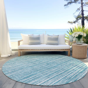 HomeRoots 5' Stylish Teal Blue and Ivory Striped Washable Rug for Indoor and Outdoor Spaces, Durable Design 8' Round 585528