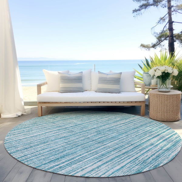 HomeRoots 5' Stylish Teal Blue and Ivory Striped Washable Rug for Indoor and Outdoor Spaces, Durable Design 8' Round 585528