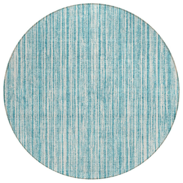 HomeRoots 5' Stylish Teal Blue and Ivory Striped Washable Rug for Indoor and Outdoor Spaces, Durable Design 8' Round 585528
