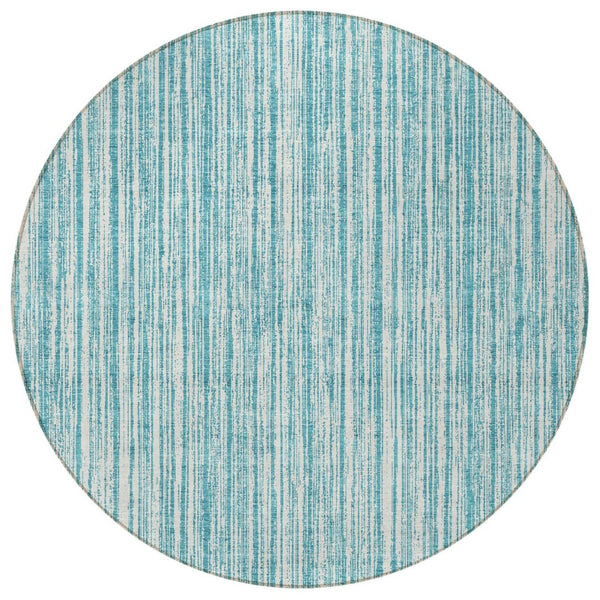 HomeRoots 5' Stylish Teal Blue and Ivory Striped Washable Rug for Indoor and Outdoor Spaces, Durable Design 8' Round 585528