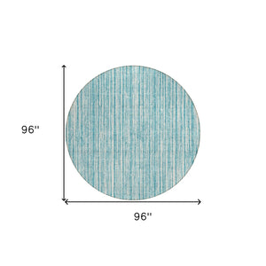HomeRoots 5' Stylish Teal Blue and Ivory Striped Washable Rug for Indoor and Outdoor Spaces, Durable Design 8' Round 585528