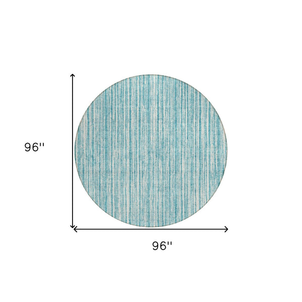 HomeRoots 5' Stylish Teal Blue and Ivory Striped Washable Rug for Indoor and Outdoor Spaces, Durable Design 8' Round 585528