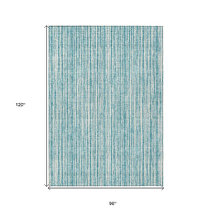 HomeRoots 5' Stylish Teal Blue and Ivory Striped Washable Rug for Indoor and Outdoor Spaces, Durable Design 8' X 10' 585529