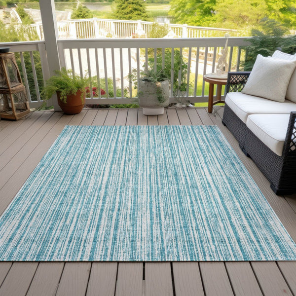 HomeRoots 9' Stylish Teal Blue and Ivory Striped Indoor Outdoor Area Rug for Versatile Spaces & Easy Care 9' X 12' 585530
