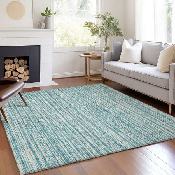HomeRoots 9' Stylish Teal Blue and Ivory Striped Indoor Outdoor Area Rug for Versatile Spaces & Easy Care 9' X 12' 585530