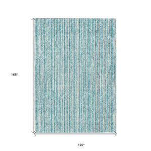 HomeRoots 5' Stylish Teal Blue and Ivory Striped Washable Rug for Indoor and Outdoor Spaces, Durable Design 10' X 14' 585531