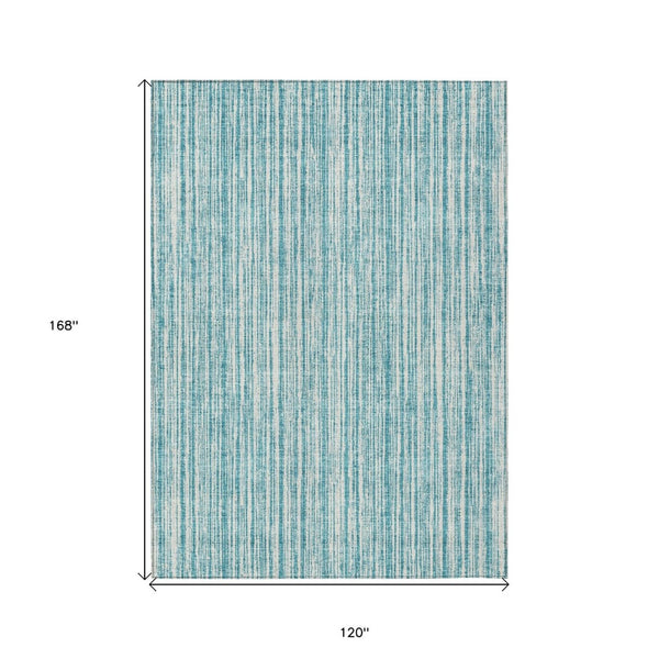HomeRoots 5' Stylish Teal Blue and Ivory Striped Washable Rug for Indoor and Outdoor Spaces, Durable Design 10' X 14' 585531