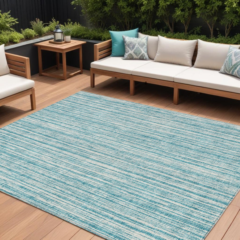 HomeRoots 5' Stylish Teal Blue and Ivory Striped Washable Rug for Indoor and Outdoor Spaces, Durable Design 10' X 14' 585531
