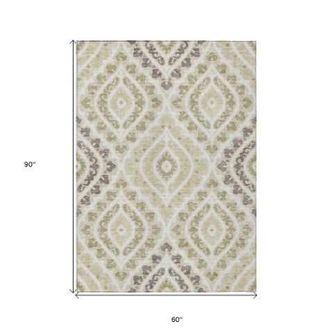 Homeroots 3' Beige Taupe Floral Washable Area Rug - Stylish Indoor Outdoor Design For Versatile Spaces 5' X 8' Polyester 585545