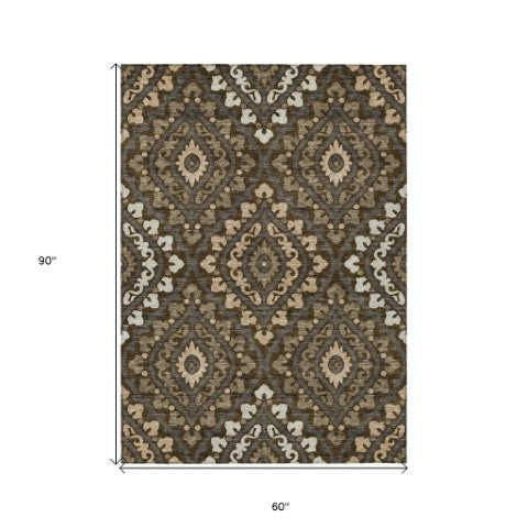 Homeroots 3' Beige Taupe Floral Washable Area Rug - Stylish Indoor Outdoor Design For Versatile Spaces 5' X 8' Polyester 585551