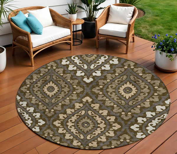Homeroots 3' Beige Taupe Floral Washable Area Rug - Stylish Indoor Outdoor Design For Versatile Spaces 8' Round Polyester 585552