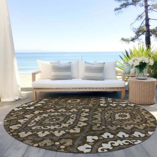 Homeroots 3' Beige Taupe Floral Washable Area Rug - Stylish Indoor Outdoor Design For Versatile Spaces 8' Round Polyester 585552