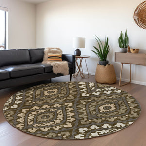 Homeroots 3' Beige Taupe Floral Washable Area Rug - Stylish Indoor Outdoor Design For Versatile Spaces 8' Round Polyester 585552
