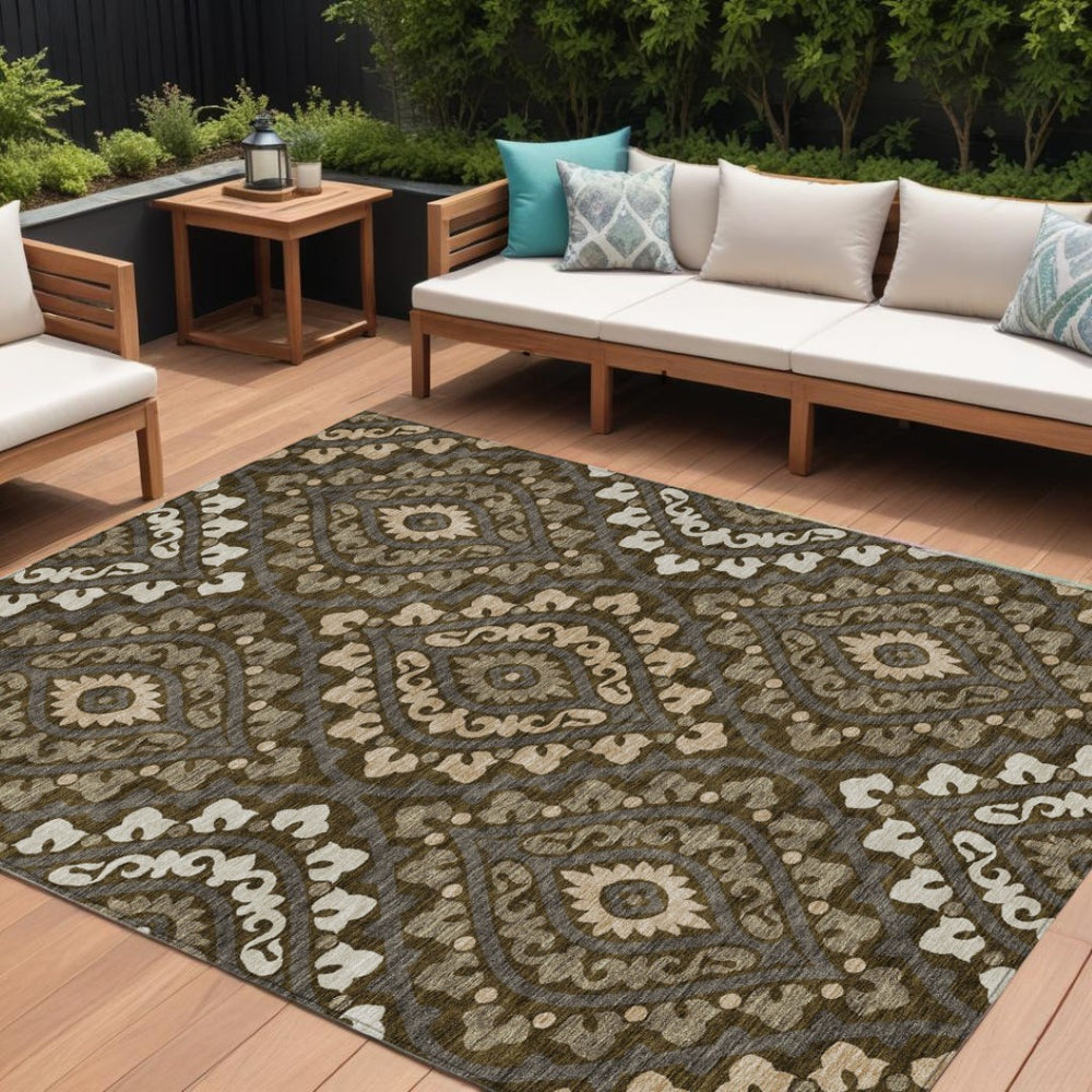 HomeRoots 5' Durable Floral Area Rug in Brown, Taupe, and Gray – Perfect for Indoor and Outdoor Spaces! 10' X 14' 585555