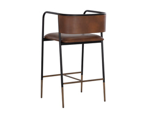 Sunpan Brenan Counter Stool - Elegant Curved Backrest, Unique Faux Leather, Black Metal Frame & Brass Caps Bravo Cognac