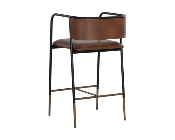 Sunpan Brenan Counter Stool - Elegant Curved Backrest, Unique Faux Leather, Black Metal Frame & Brass Caps Bravo Cognac