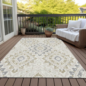 Homeroots 3' Beige Taupe Floral Washable Area Rug - Stylish Indoor Outdoor Design For Versatile Spaces 8' X 10' Polyester 585571