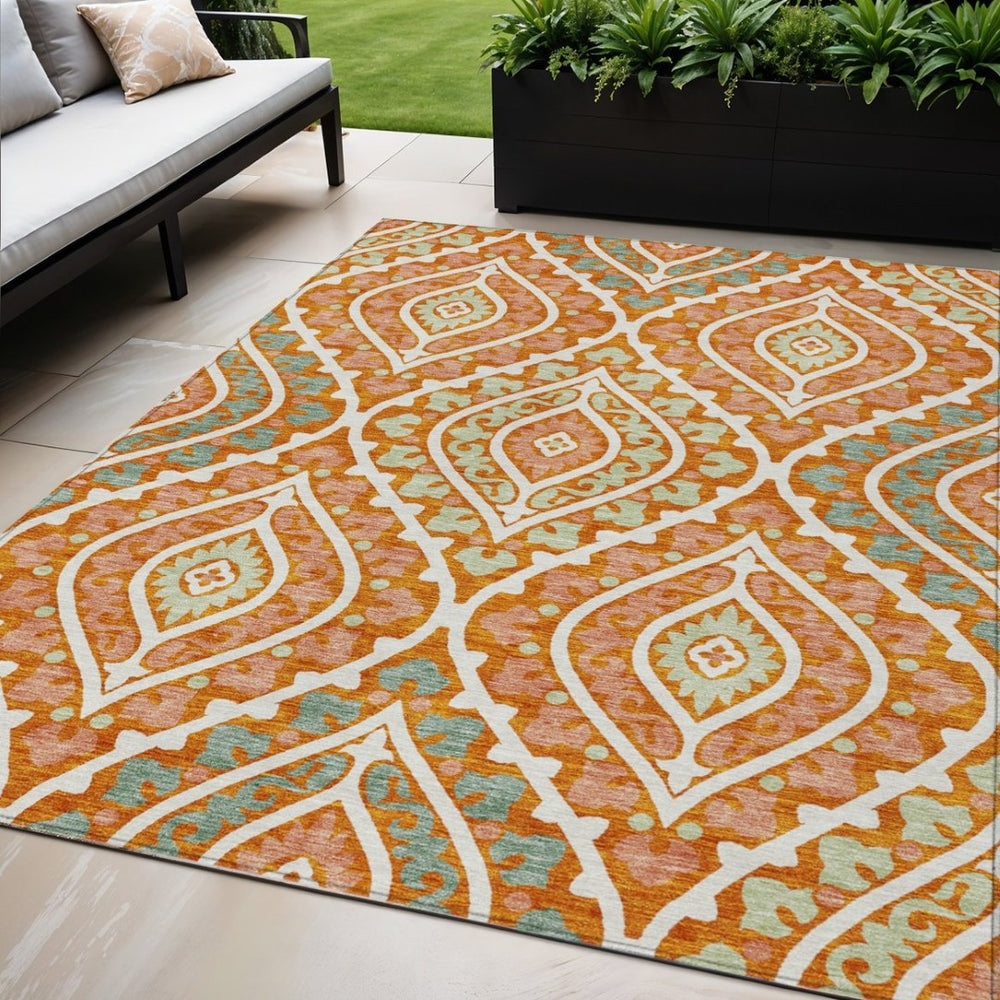 HomeRoots 5' Indoor Outdoor Floral Area Rug - Vibrant Orange Peach Ivory Design, Machine Washable & Durable 5' X 8' 585575
