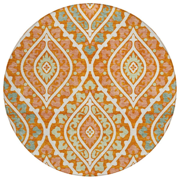 HomeRoots 5' Indoor Outdoor Floral Area Rug - Vibrant Orange Peach Ivory Design, Machine Washable & Durable 8' Round 585576