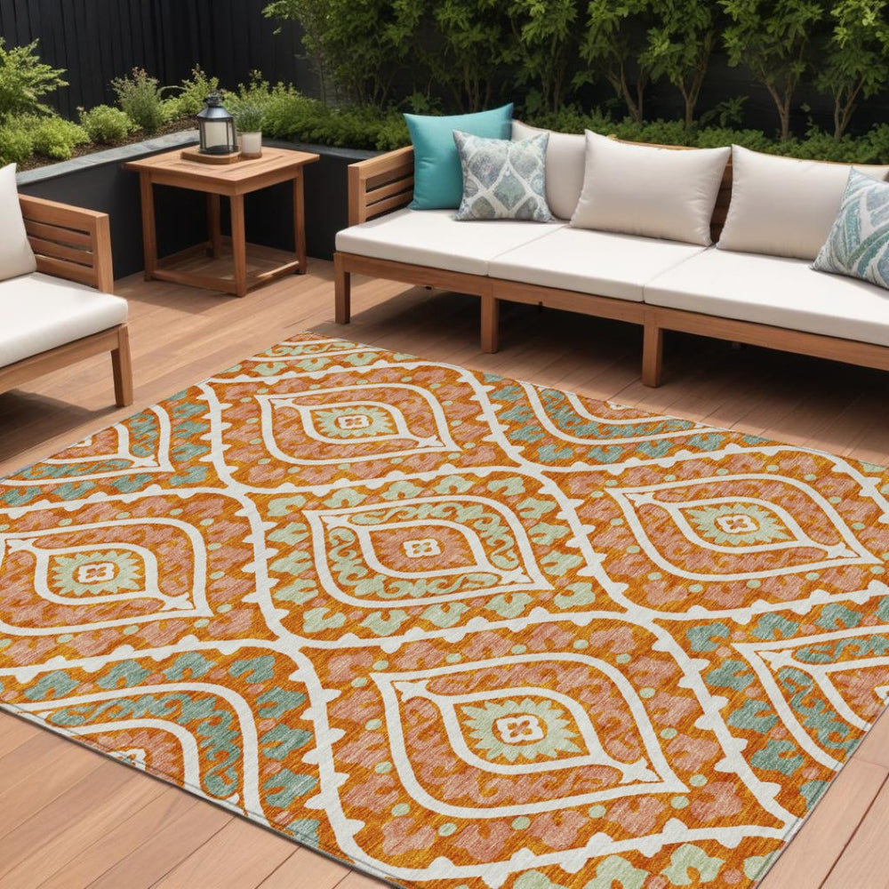 HomeRoots 9' Durable Floral Indoor Outdoor Area Rug - Bright Orange Peach Design, Machine Washable & Versatile 9' X 12' 585578