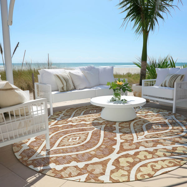 Homeroots 3' Beige Taupe Floral Washable Area Rug - Stylish Indoor Outdoor Design For Versatile Spaces 8' Round Polyester 585582