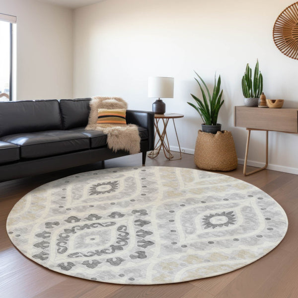 Homeroots 3' Beige Taupe Floral Washable Area Rug - Stylish Indoor Outdoor Design For Versatile Spaces 8' Round Polyester 585588