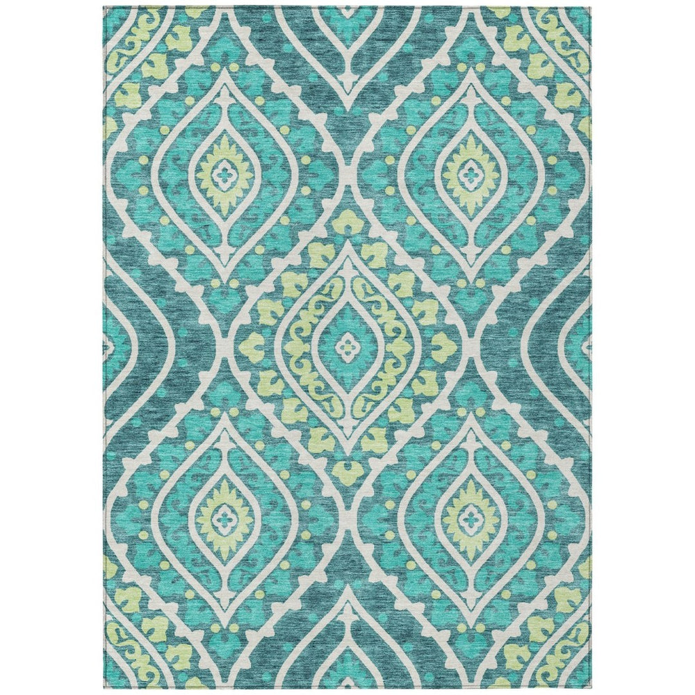 HomeRoots 5' Timeless Floral Area Rug in Teal Blue, Ivory & Artichoke Green - Washable Indoor/Outdoor Decor 5' X 8' 585593