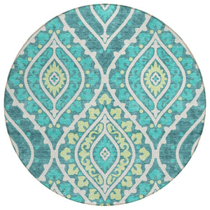 HomeRoots 5' Timeless Floral Area Rug in Teal Blue, Ivory & Artichoke Green - Washable Indoor/Outdoor Decor 8' Round 585594