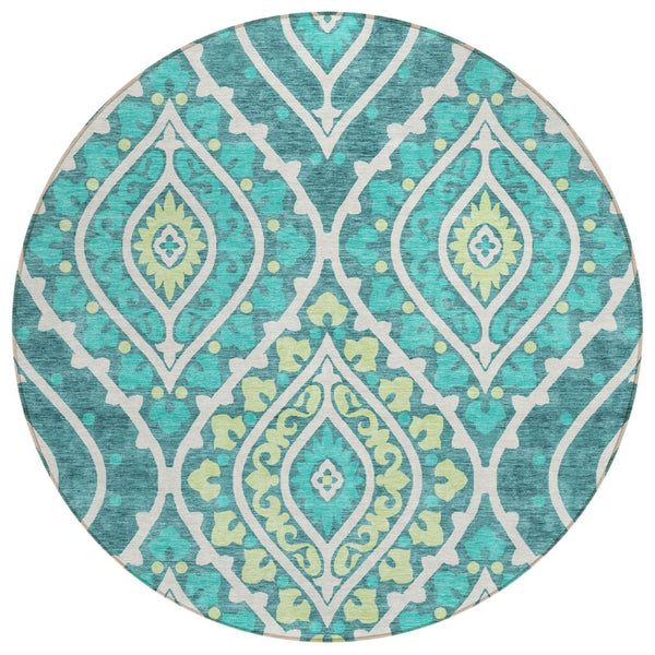 HomeRoots 5' Timeless Floral Area Rug in Teal Blue, Ivory & Artichoke Green - Washable Indoor/Outdoor Decor 8' Round 585594