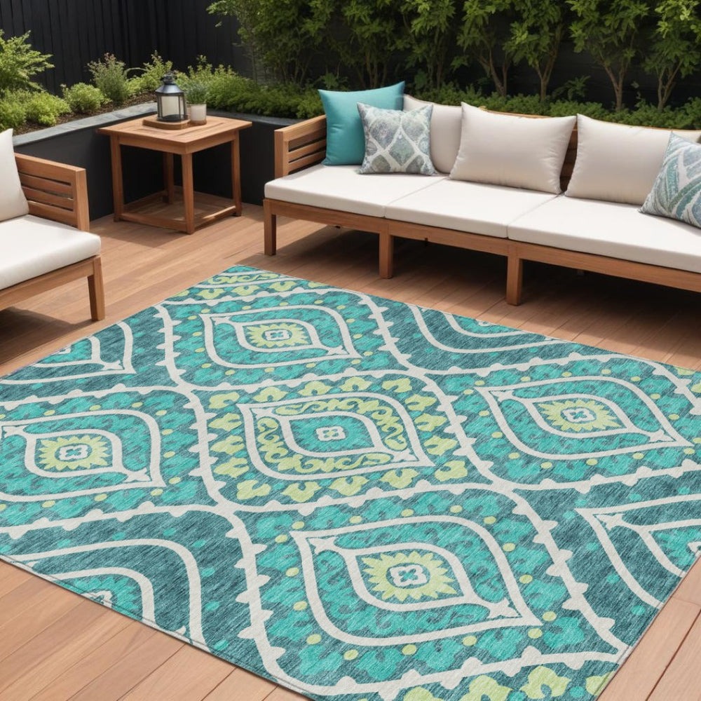 HomeRoots 9' Floral Washable Area Rug in Teal Blue, Ivory & Artichoke Green for Stylish Indoor/Outdoor Use 9' X 12' 585596