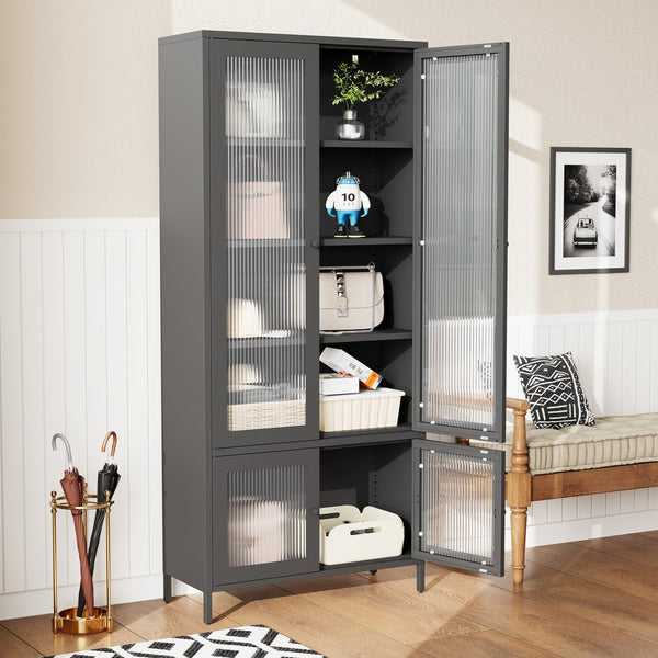 English Elm Large Metal Storage Cabinet with Fluted Tempered Glass Doors, 5-Shelf Steel Bookcase for Home Office W2378P176272