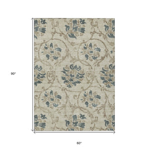 HomeRoots 5' Durable Floral Area Rug in Beige, Tan & Blue - Washable for Indoor & Outdoor Use, Easy Care 5' X 8' 585605