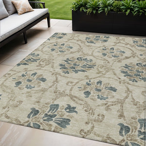 HomeRoots 5' Durable Floral Area Rug in Beige, Tan & Blue - Washable for Indoor & Outdoor Use, Easy Care 5' X 8' 585605