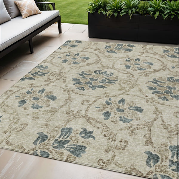 HomeRoots 5' Durable Floral Area Rug in Beige, Tan & Blue - Washable for Indoor & Outdoor Use, Easy Care 5' X 8' 585605