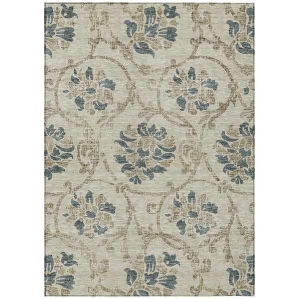HomeRoots 5' Durable Floral Area Rug in Beige, Tan & Blue - Washable for Indoor & Outdoor Use, Easy Care 5' X 8' 585605