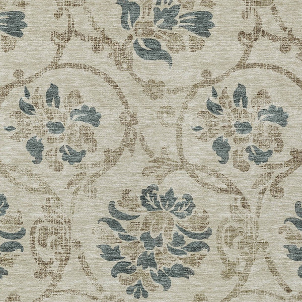 HomeRoots 5' Durable Floral Area Rug in Beige, Tan & Blue - Washable for Indoor & Outdoor Use, Easy Care 5' X 8' 585605