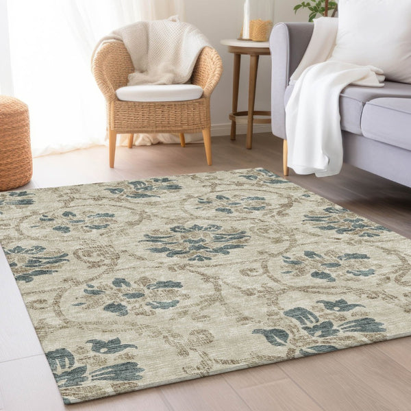 HomeRoots 5' Durable Floral Area Rug in Beige, Tan & Blue - Washable for Indoor & Outdoor Use, Easy Care 5' X 8' 585605