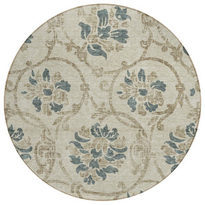 HomeRoots 5' Durable Floral Area Rug in Beige, Tan & Blue - Washable for Indoor & Outdoor Use, Easy Care 8' Round 585606