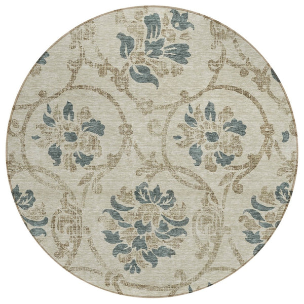 HomeRoots 5' Durable Floral Area Rug in Beige, Tan & Blue - Washable for Indoor & Outdoor Use, Easy Care 8' Round 585606