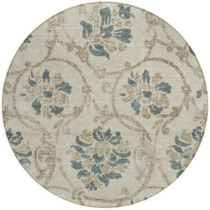 HomeRoots 5' Durable Floral Area Rug in Beige, Tan & Blue - Washable for Indoor & Outdoor Use, Easy Care 8' Round 585606