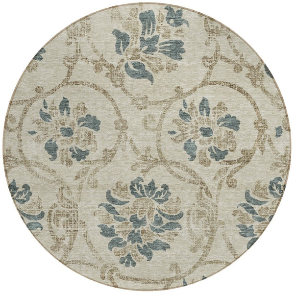 HomeRoots 5' Durable Floral Area Rug in Beige, Tan & Blue - Washable for Indoor & Outdoor Use, Easy Care 8' Round 585606