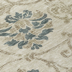 HomeRoots 5' Durable Floral Area Rug in Beige, Tan & Blue - Washable for Indoor & Outdoor Use, Easy Care 8' Round 585606